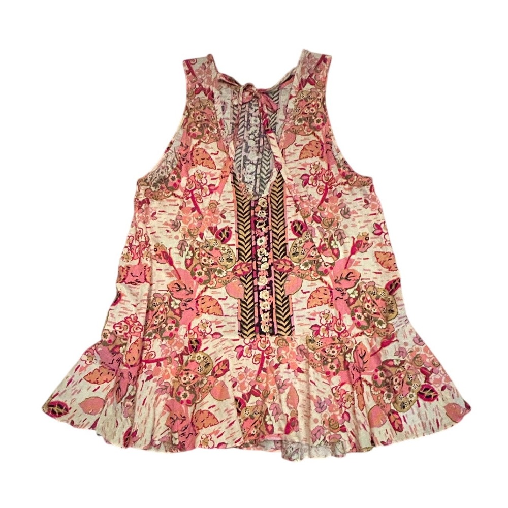 Free People Summer In Tulum Tunic Large Pink Boho Linen Summer Peplum Ruffle - Picture 5 of 8